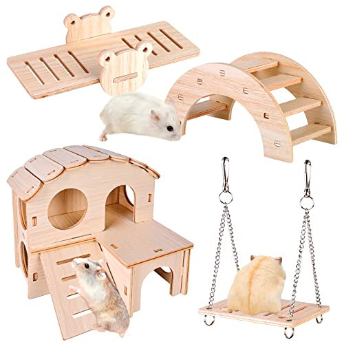 Spielzeug Für Hamster Aus Holz, 4 Stück Hamster Kauspielzeug, DIY Hamster Spielzeug, Hamster Haus Brücke Wippe Schaukel Käfig Dekor Zubehör Für Rennmaus, Meerschweinchen, Chinchilla, Kaninchen, Vögel