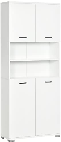 kleankin Mobile Bagno in Truciolato Bianco con 2 Armadietti con Ante e 2 Ripiani Aperti, Design Antiribaltamento, 80x33.5x190 cm