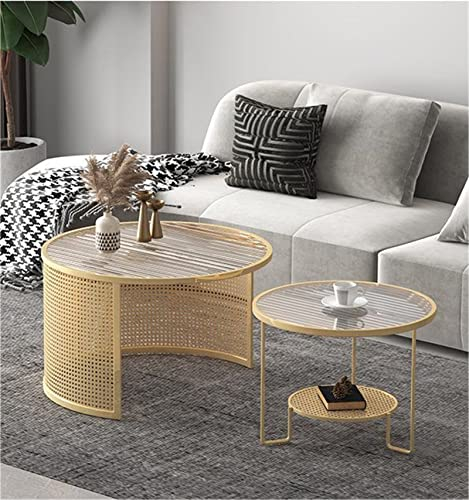 Rattan-Couchtisch, Couchtisch mit Tablettplatte, Korb-Couchtisch, handgewebte Rattanplatte, Haarnadelbein, Tabletttisch, Mitteltisch für Wohnzimmer, runder Couchtisch,Gold,A