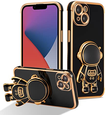 RALEAVO Compatible with iPhone 14 Plus (6.7) Case with Cute Astronaut Kickstand Design Shockproof Plating Phone Case for iPhone 14 Plus-Black