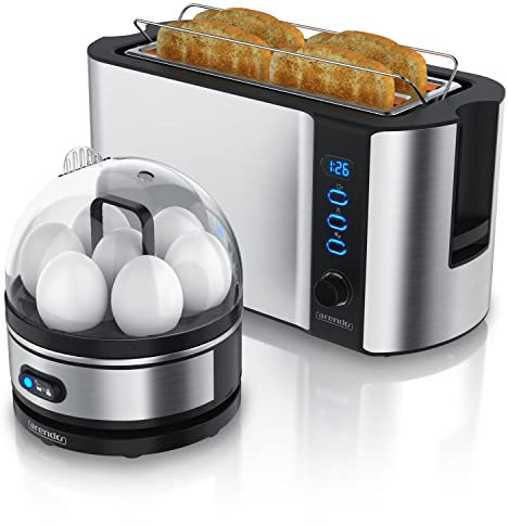 Arendo - Set Toaster FRUKOST mit Eierkocher SEVENCOOK Edelstahl Silver, Toaster 4 Scheiben LED-Display 6 Bräunungsgrade Brötchenhalter Eierkocher 1-7 Eier, Messbecher