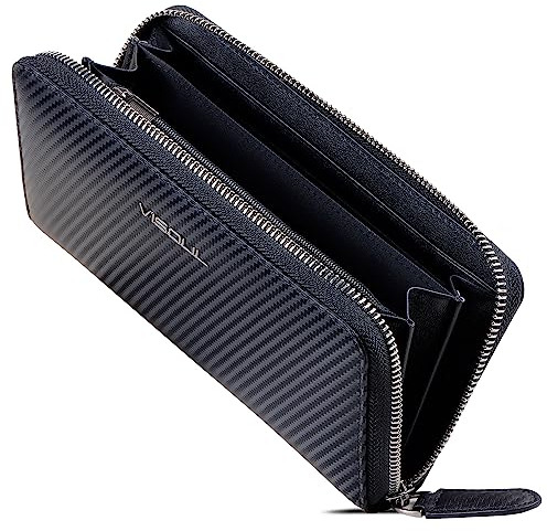 VISOUL Portefeuille en Cuir Véritable Portefeuille Long à Fermeture Eclair pour Hommes avec Blocage RFID, Pochette Porte-Cartes de Grande Capacité Porte-Monnaie avec 12 Emplacements pour Cartes