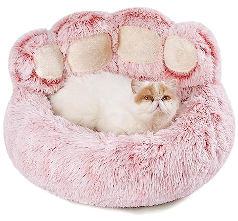 Jiupety Lit Rond pour Chien Chat de Forme de la Patte, Panier pour Chien en Forme de Beignet, Moyen Format Le diamètre est de 56 cm, Confortable et Doux, Lavable en Machine, Rose