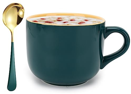 Umllpet Tazza grande, 600 ml, grande in ceramica, ciotola per cereali, XXL, grande tazza da tè con cucchiaio, tazza per cereali, tazza per zuppe, insalata, ciotola per la festa della mamma, festa del