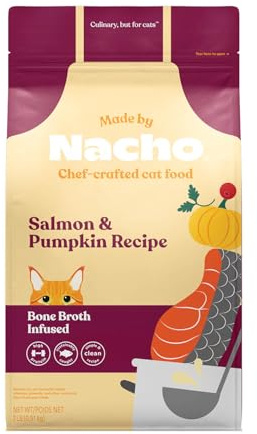 Made by Nacho Dry Cat Kibble 2lb Bag, High Protein and Grain-Friendly Premium Cat Food, Sustainably Caught Salmon and Pumpkin, Infused with Bone Broth for Hydration, Limited Ingredients, Single Bag