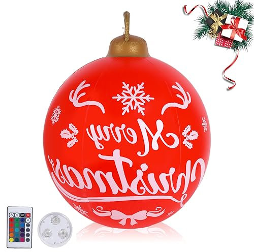 Grandes boules de Noël gonflables, 60 cm, avec lumière LED et télécommande, décoration de Noël, pour l'extérieur (joyeux Noël)
