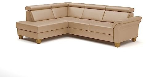 CAVADORE Leder-Schlafcouch Ammerland mit Ottomane / Landhaus-Sofa mit Federkern, Bett, Bettkasten + Kopfteilverstellung / 245 x 84 x 194 / Leder Beige