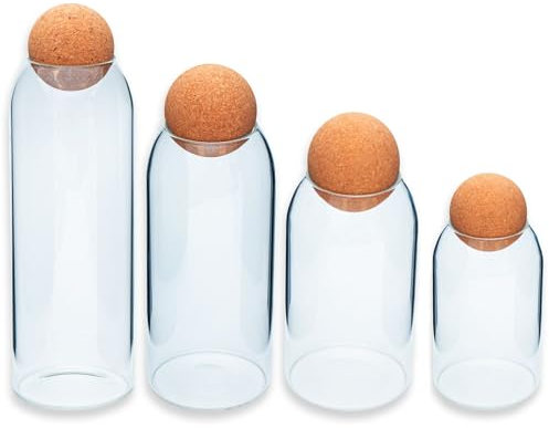 INTIRILIFE Aufbewahrungsbehälter Set aus Glas mit Kork-Kugel 4-teiliges Set - 1.2 L / 930 ml / 670 ml / 400 ml Füllmenge - Vorratsbehälter Glasdosen für Lebensmittel Süßigkeiten Gewürze Kaffee Zucker