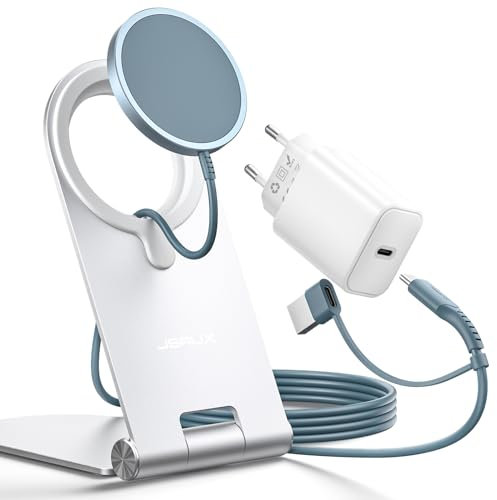 JSAUX Mag-Safe Ladestation iPhone, 15W Schnelles Wireless Charger mit 20W PD Adapter und Metallständer Kompatibel mit MagSafe-Ladegerät, iPhone 16/16 Pro/Plus/16 Pro Max 15/15 Pro Max/14 13 Blau
