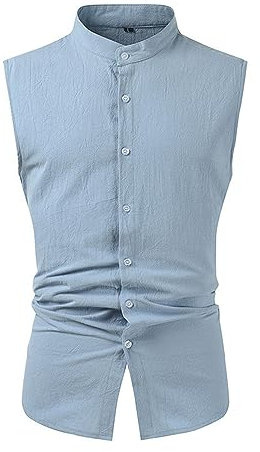 Leinenhemd Herren Ärmellos Hemd Hemden Regular Fit Männer T-Shirt Mit Taschen Sommer Knopfleiste Strand Shirt Herren Täglicher Verschleiß F-Blue Grey XL