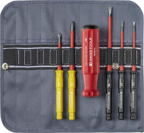 PB Swiss Tools Insulated Classic Slim Interchangeable Blade Screwdriver Set PB 5216.SU | 100% Swiss Made | 6-Piece VDE Screwdriver Set for Slotted & Phillips Fasteners in a Roll-Up Case