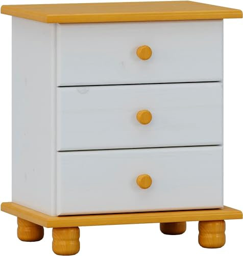 Mesita Altea 3 cajones, realizada en Madera de Pino Maciza, Serie Canet. Medidas 55x48x34 cm. (altoxanchoxfondo) (Blanco Miel)