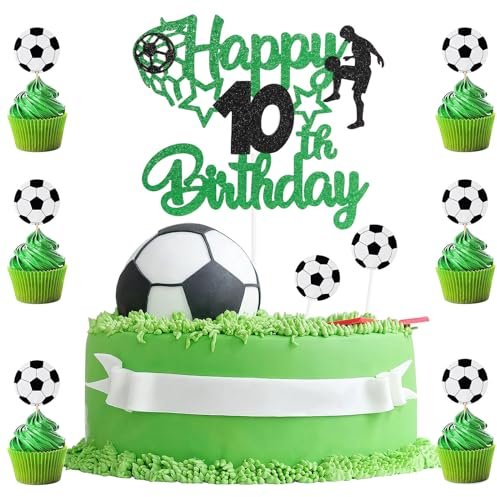 9pcs Football Cake Topper 10,10th Birthday Football Cake Topper,1 Football Birthday Cake Toppers with 8 Soccer Cupcake Decorations for Party Suppliers
