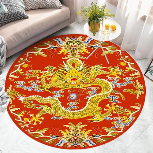Tapis Salon Dragon Rouge Chinois Tapis Chambre Tapis Rond Moelleux Anti Slip Tapis de Salon Lavable Tapis pour Chambre d'enfant Buanderie Balcon Décor Maison Tapis Rond 100 cm