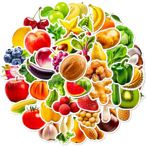 Fresh Fruits & Veggies Stickers for All Ages,50PCS Cheerful Vinyl Decals for Water Bottles Laptops Luggages - Playful Food Stickers for Kids Teens Adults