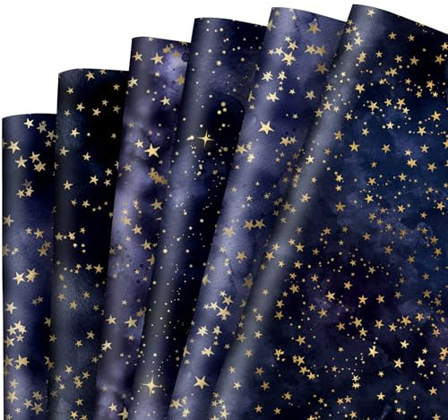 JarThenaAMCS Geschenkpapier mit Sternennacht, keine Rolle, Aquarell-Goldsterne, Geschenkpapier, Großpackung, gefaltet, flach, Galaxie-Kunstpapier für Geburtstag, Hochzeit, Basteln, 50 x 70 cm, 12
