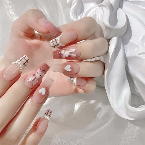 NICENEEDED 24 Pcs Rabbit Coffin Press on Nails, Long Fake Nails, Cute Bunny Acrylic Nails with Peals Designs Full Cover False Nails Glossy Hearts Artificial Stick on Nails Lovely Gift for Women Girls