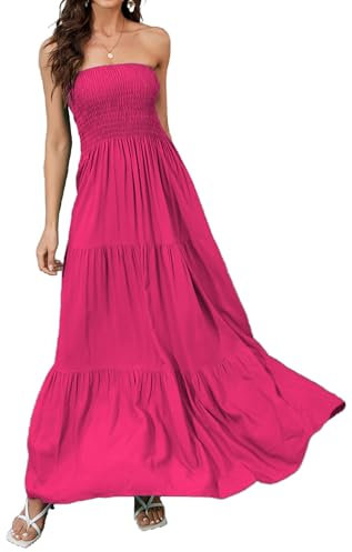 Daenery Trägerloses Maxikleid für Damen, A-Linie, Schlauch-Top, rückenfrei, lässiges Sommerkleid, Rosa, Magenta, Klein