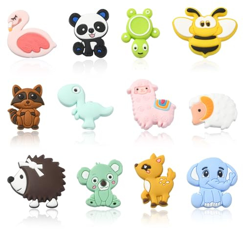 Stiesy Lot de 12 perles en silicone de 12 styles d'animaux en silicone abeille, éléphant, tortue, hérisson, perles d'espacement en vrac pour la fabrication de porte-clés, stylos à perler, fabrication
