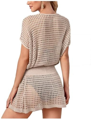 Jinsha Vestiti-Abito Uncinetto-Copri Costumei-Spiaggia Cover-up - Woman Dress Scollo a V-Collo Maglia Camicia Boho Pareo Top Tunica da Spiaggia Bikini Beach Bagno Mare Estivo Donna Vestiti(Beige