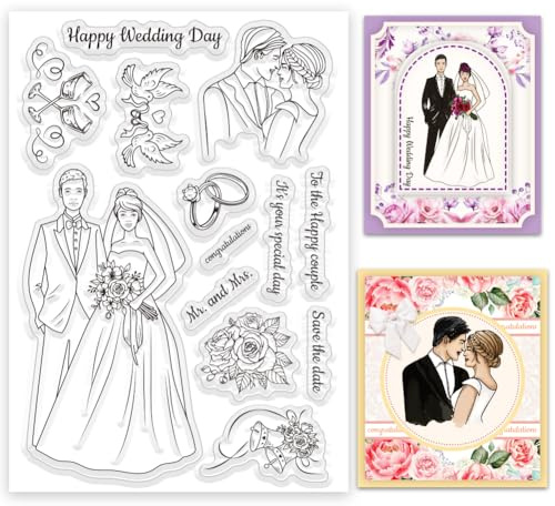 INFUNLY „Happy Wedding Day“, Klarer Stempel „Braut Und Bräutigam“, Wiederverwendbar, Transparente Stempel, Brautstrauß, Silikonstempel, Hochzeitssegen, Text, Gummistempel Für Kartengestaltung, Einladu