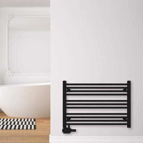 SHV Badheizkörper Pegasus mit Seitenanschluss in schwarz matt | Heizkörper für Badezimmer, Handtuchhalter für Wand im Bad, Handtuchheizkörper, Handtuchtrockner aus Stahl (800x550 mm)
