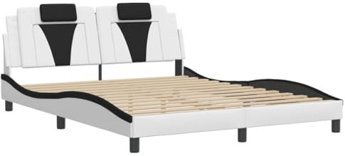 vidaXL Bettgestell, Bett Viana mit LED ohne Matratze, Bettrahmen mit Lattenrost Wellenform, Doppelbett für Schlafzimmer, Weiß Schwarz 160x200cm Kunstleder