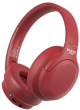 Vieta Pro - Cascos inalambricos Bluetooth Diadema con Dual Pairing. Sonido Estéreo y 50 Horas de Reproducción, Modo Gaming con micrófono Integrado para PC/Teléfono, USB Tipo C y Plegables Stream Rojo