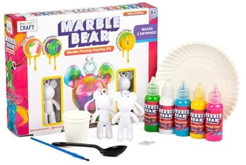RMS International Craft Hub Marble Bear Series 1 Marble Pouring Keyring Kit Design/Paint Your Own Bear Childrens Kids Art & Craft 8+ Years (Multi-Coloured)
