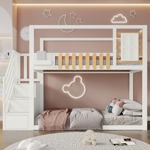 Ctastay Etagenbett Kinderbett 90x200 cm für 2 Kinder, Bett Holzbett Hochbett mit Stauraum Staufach & Treppe, Familienbett Jugendbett mit Lattenrost & Rausfallschutz, mit Fenster, Weiß, Ohne Matratze