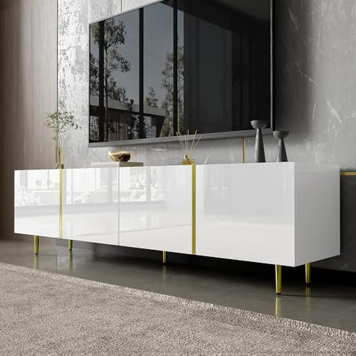 MURUL Mueble de TV de alto brillo con cuatro puertas, color blanco, moderno y sencillo