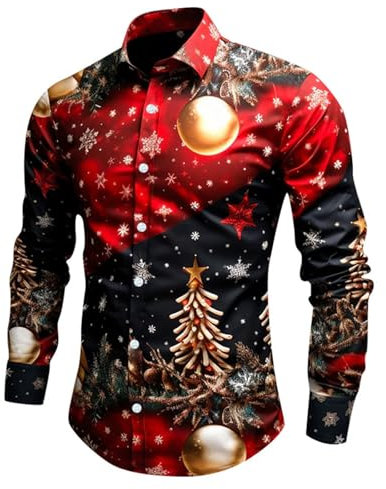 PAIDAXING Christmas Shirts for Men UK Ugly Santa Xmas Tree Print Graphic Festivel Holiday Tops Regular Long Sleeve Button Down Blouse Dress Suit
