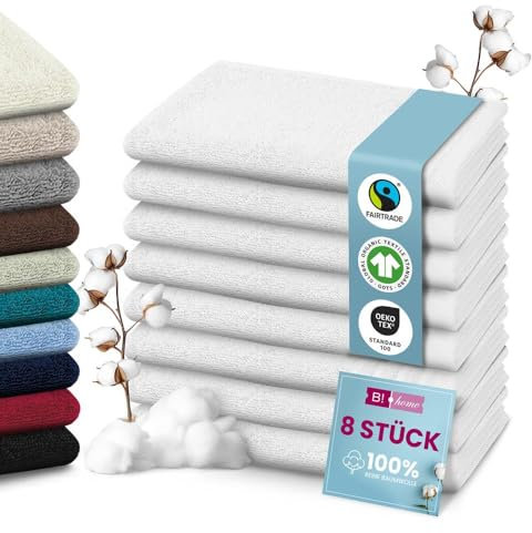B!HOME 8er Set Premium Gästehandtücher [100% Baumwolle] 30x50 cm, Weiss/Handtücher Weich, Saugstark & Pflegeleicht/Waschlappen Perfekt für Bad, Gäste & Reisen