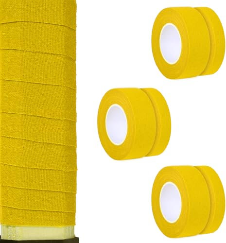 6pz 9,14m Nastro Hockey, 25mm 12,5mm Non Pretagliato Nastro per Mazza da Hockey Cotone Assorbente del Sudore Nastro Hockey Grip Nastro per Stecca da Hockey per Lacrosse Baseball (Giallo)