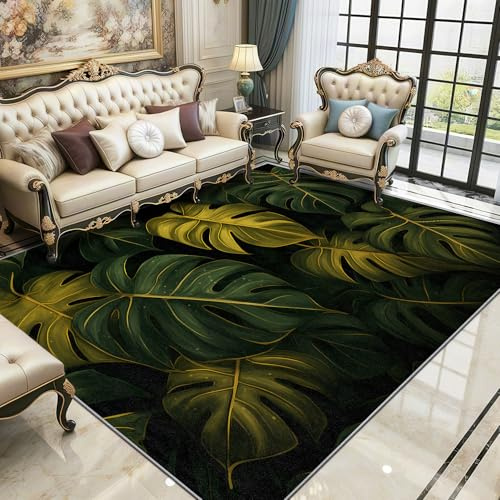 Monstera Rugs Living Room Large 160x230 - Green Tropical Leaf Bedroom Rug, Botanical Plant Leaves Washable Non Slip Low Pile Carpet