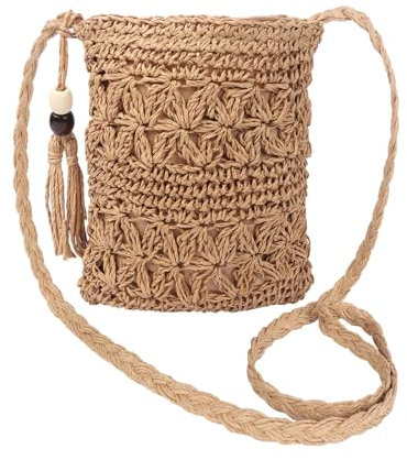 Moorle Strohtasche Damen, Strohtaschen Damen Boho Stil, Stroh Umhängetasche mit Quaste, Stroh Handtasche Crossbody Tasche für Sommer Urlaub Strand Reisen Khaki