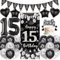 Happy 15th Birthday Party Decorations - Black Silver Door Banner Set with Pennants Bunting, Cake Topper and Foil Balloons for Girls Boys 15 Years Old Party Supplies