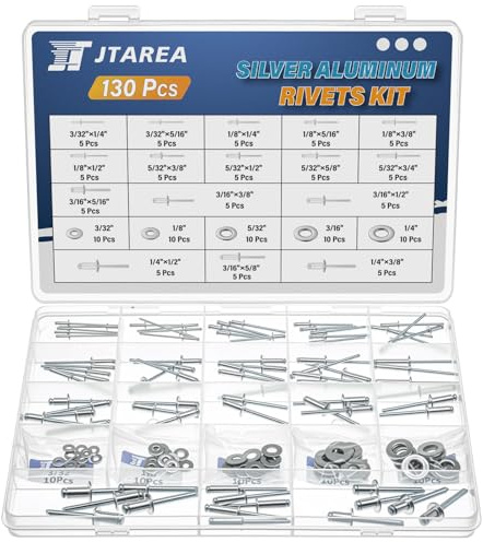 JTAREA 16Tailles Rivets Aveugles en Aluminium Set 2,4mm 3,2mm 4mm 4,8mm 6,4mm Rivet Argent Rivets Pop Tete Large Rivet à Bout Ouvert Kit (Paquet de 130 Pièces)