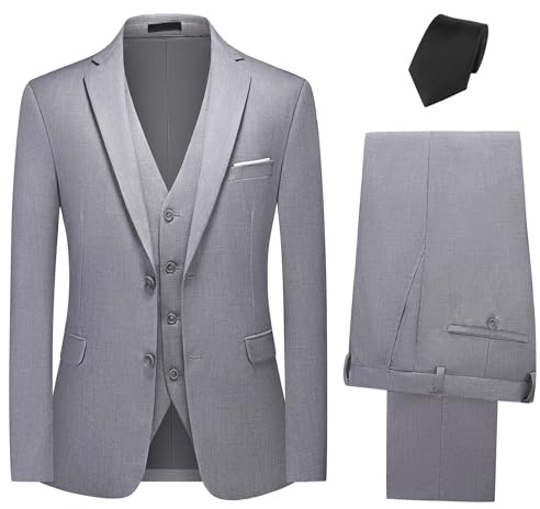 KUDMOL Costume Homme 3 Pièces Mariage Business Slim Fit Smoking à Deux Boutons de Couleur Uni à la Mode Blazer Veste et Pantalon Gilet avec Cravate(Gris Clair,M)