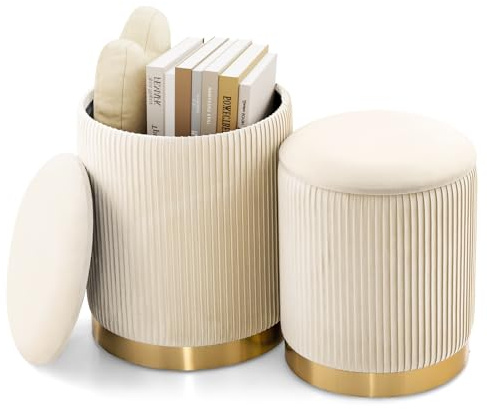 COSTWAY Set of 2 Velvet Round Footstools, Nesting Storage Ottoman Pouffe Footrest with Gold Stainless Steel Hoop, Modern Padded Dressing Vanity Stool Chair Makeup Seat for Living Room Bedroom (Beige)