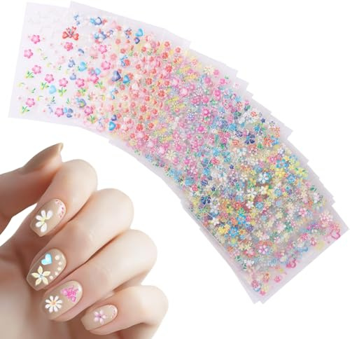 Penitue 30 Sheets Flower Nail Stickers, 3D Self Adhesive Nail Stickers with Rhinestones Spring Summer DIY Manicure Decorations for Women Girls (Colorful)