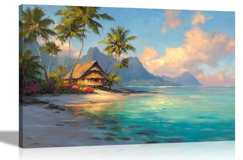 Artley Prints - Caribbean Mountain Tropical Hut Canvas Prints Landscape Pictures for Living Room Décor Ready to Hang Extra Large 101 x 76cm (40 x 30 inches)