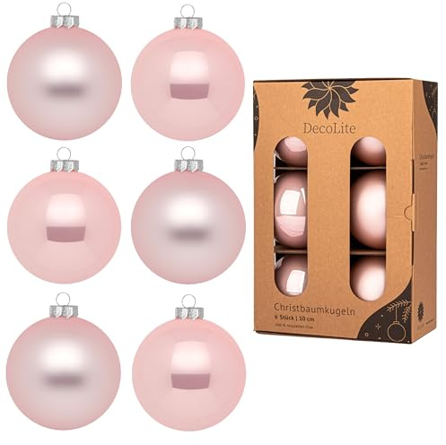 DecoLite Weihnachtskugeln Glas 10 cm, 6er Set, Rosa Matt-Glänzend | Christbaumkugeln innen echt versilbert, inkl. S-Aufhänger, plastikfreie Kartonbox, Christbaumschmuck für Tannenbaum