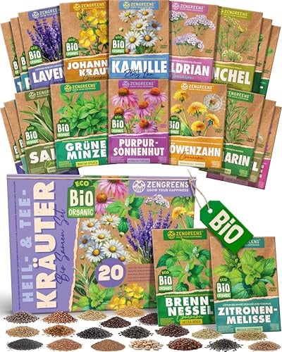 ZenGreens® Bio Heil- & Teekräutersamen Set - 20 samenfeste Sorten - Saatgut | für den eigenen Tee, zum Trocknen & Aufgießen, ideal als Geschenk für Gartenfreunde, Pflanzensamen