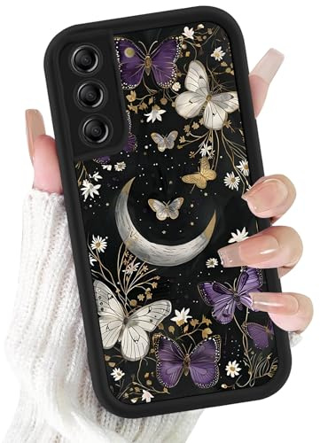Kivlclri Handyhülle für Samsung Galaxy A50 / A30S / A50s Hülle 6,7, Aesthetic Lila Schmetterlinge Mond Motiv Design für Mädchen Schutzhülle Kameraschutz Stoßfest Weiche Bunt Schwarz Silikon TPU Case