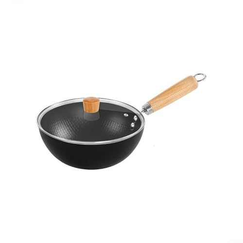 Jonikuper Bratpfanne ohne Bratpfanne für Wok mit flachem Boden, Eisen-Kochgeschirr mit Glasdeckel, kompatibel mit Induktions-, Gas-, Elektroherden, 18–28 cm, Küchenpfanne für (18 cm)