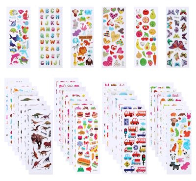Sticker Kinder Set, 3D Sticker mit 36 Blatt und über 850 bunten Motiven | Aufkleber Kinder, Stickers, Sticker Set für Schule und DIY mit Tieren, Obst, Zahlen, Buchstaben, Autos, Dinos und mehr