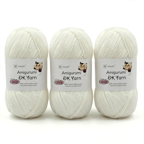 Nissary Häkelgarn 3x100g, Wolle Zum Häkeln & Stricken, 60% Baumwolle + 40% Acryl, Häkelwolle DK für Anfänger mit Zubehör, perfekt für Amigurumi und Handwerk Weiß