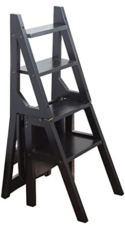 LISHEUK Folding Wooden 4 Step Ladder Chair with Bookshelf Multifunctional Stairway Chair for Indoor Kitchen and Office Black