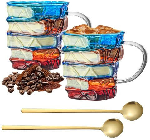 Hocklliy 2 PCS Painted Book Mug Novelty 3D Glass Book Cup with 2 Spoons Table Decor Collection Gifts for Readers Writers Librarians and Literature Enthusiasts Lovers